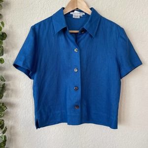 MAGGY LONDON | TOP BUTTON DOWN TOP SIZE 8 LINEN BLUE